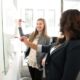 Two professional women discussing ideas on a whiteboard in a modern office setting.